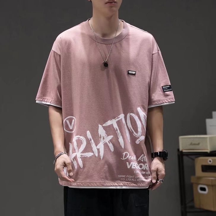夏季潮牌字母涂鸦假两件t恤衫男士overs...
