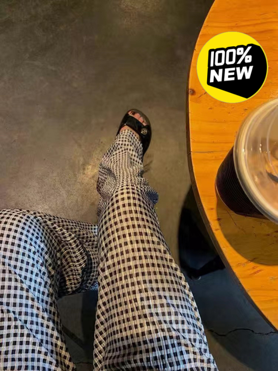 休闲褶皱格子阔腿裤