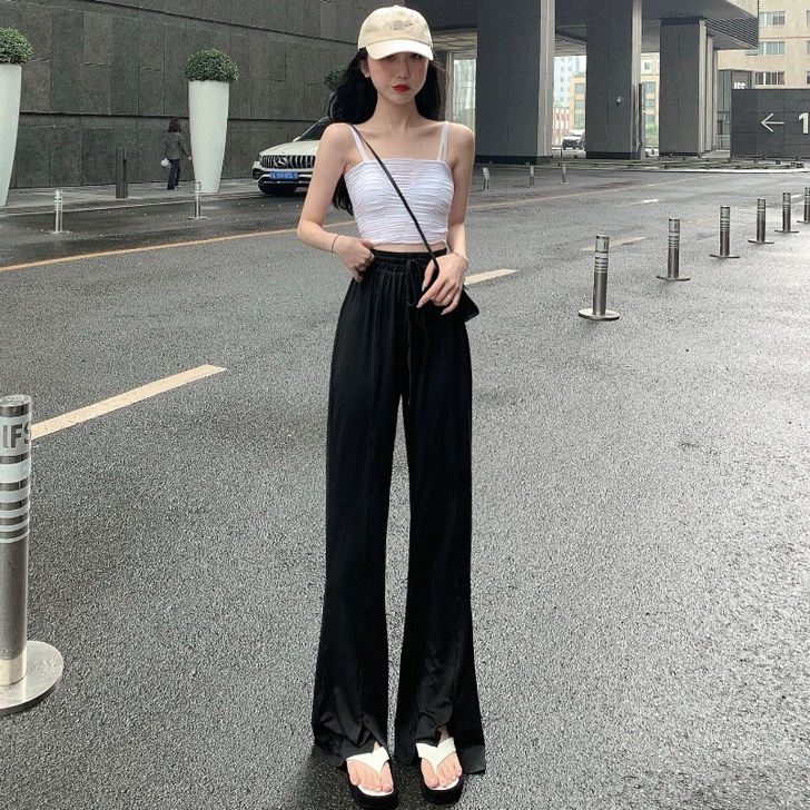 秋季新款高腰垂感拖地长裤宽松阔腿裤显瘦开叉...