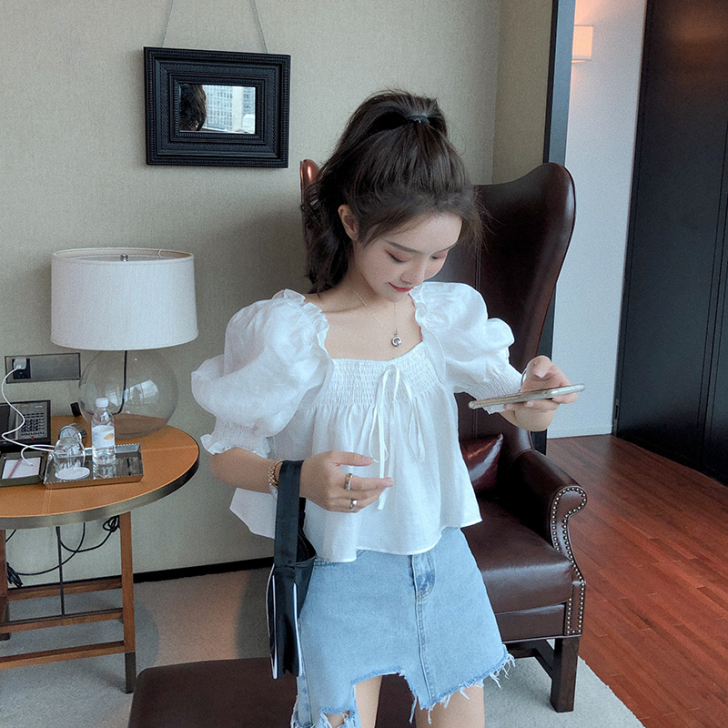 蓝色衬衫女夏韩版宽松法式复古显瘦蓬蓬娃娃衫...