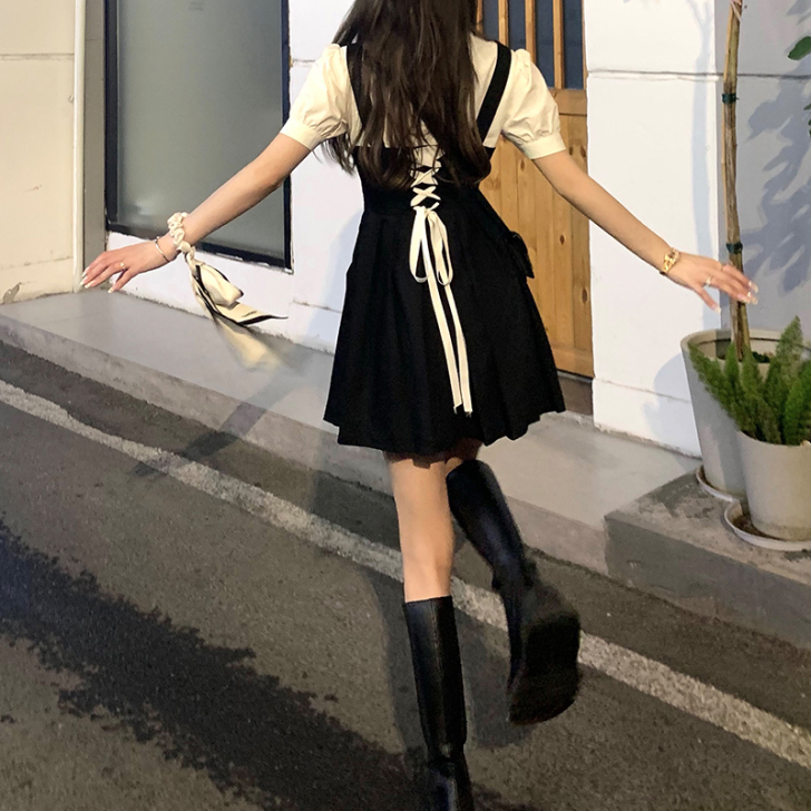 别致法式复古甜辣黑色小个子盐系炸街假两件连...