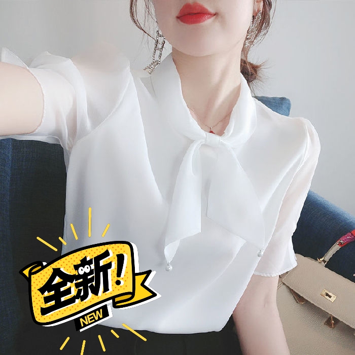 【清仓处理】纯色雪纺衬衫女士蝴蝶结短袖上衣...