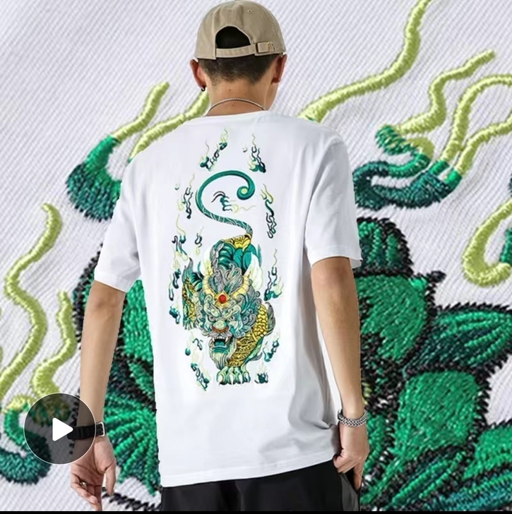 【刺绣】2021新款中国风男麒麟重工刺绣T...