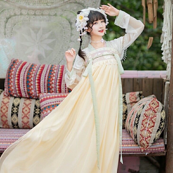 汉尚华莲月季芽芽汉服原创女齐胸衫裙蕾丝刺绣...