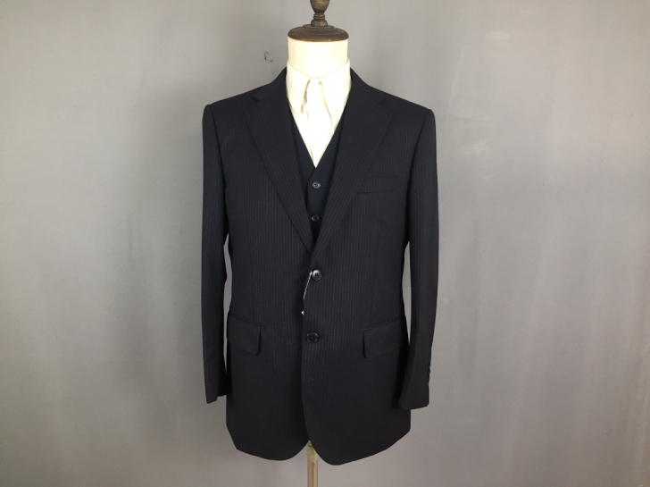 二手 日本产毛料黑色条纹休闲商务修身西服