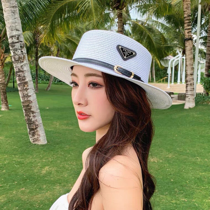 网红同款平顶草帽女春夏大檐遮阳帽英伦时尚礼...