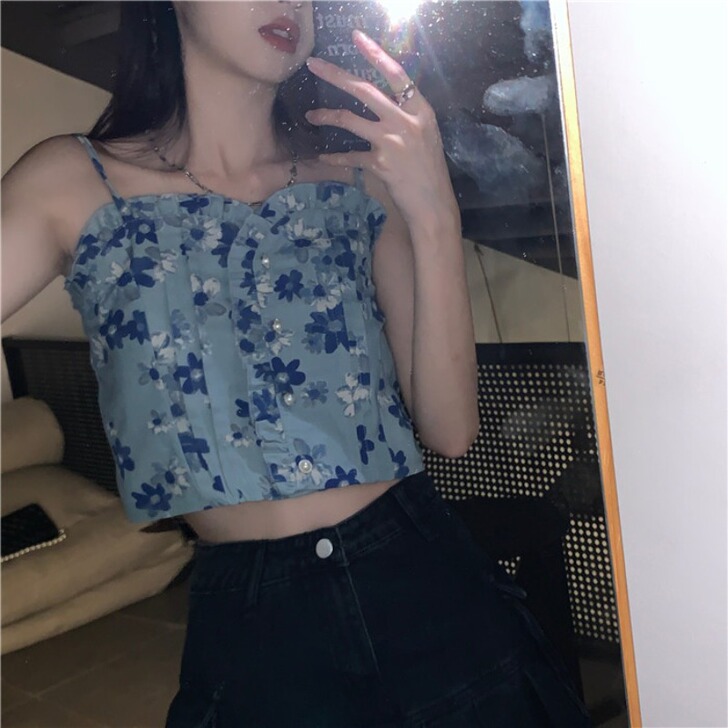 碎花短款牛仔小吊带背心女2021年夏季新款...