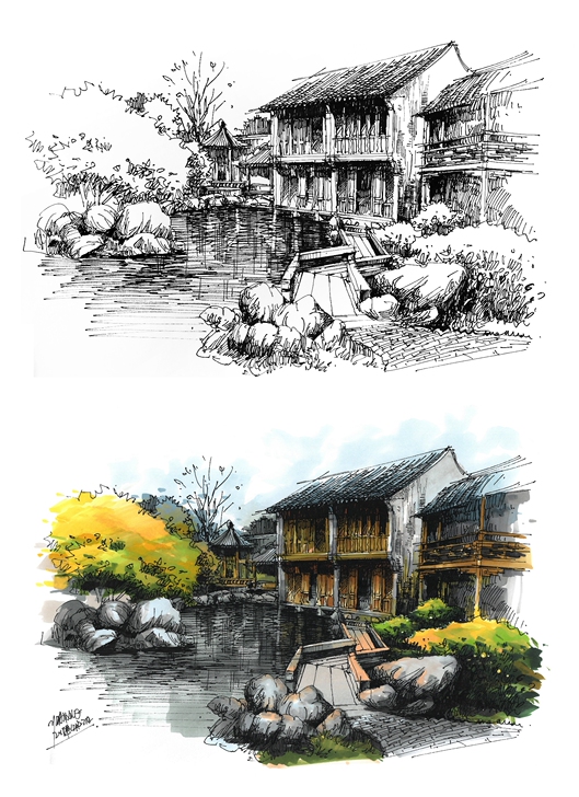 徽派钢笔欧式建筑风景速写素材手绘建筑效果图...