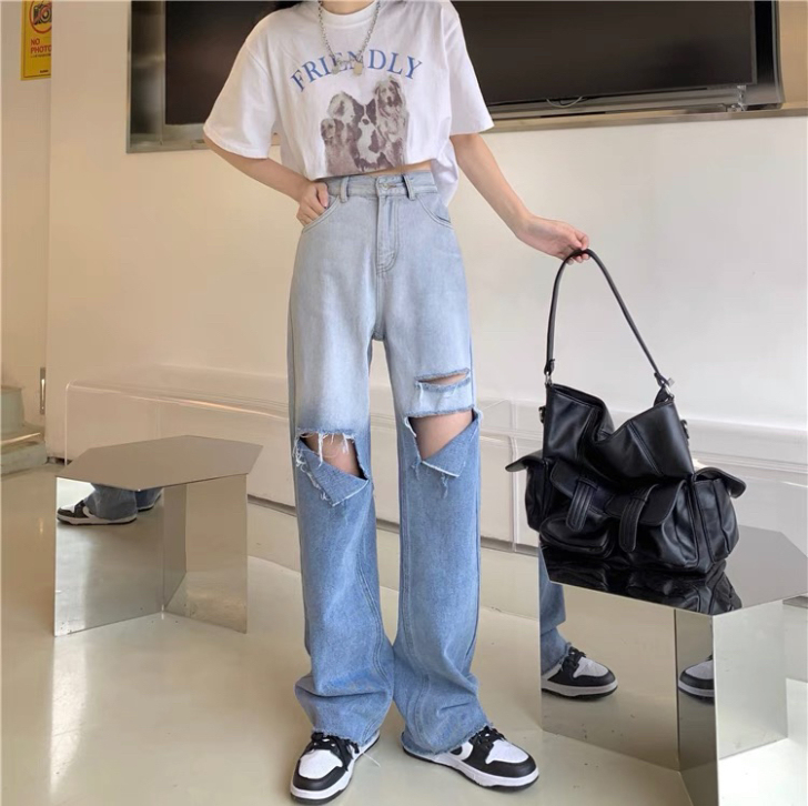 破洞渐变直筒牛仔裤女夏季2021韩版宽松高...
