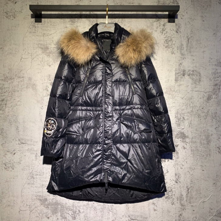 全新专柜正品哈迪女士长款毛领羽绒服蓝紫色尺...