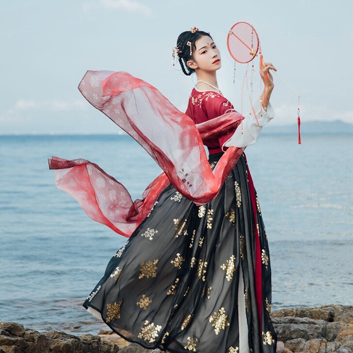 汉尚华莲春涧原创汉服女中国风烫金印花坦领衫...