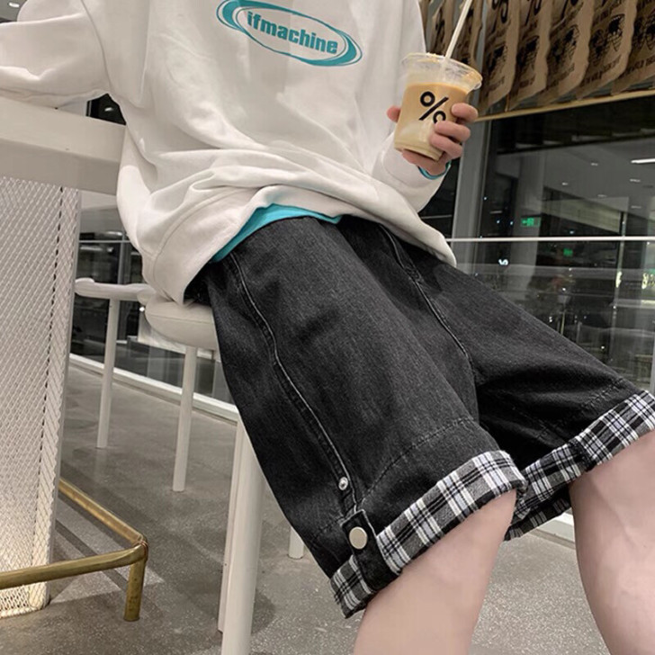 格子翻边牛仔短裤男夏季薄款宽松直筒中裤in...