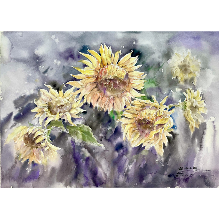 纯手绘水彩画《向日葵》，四开