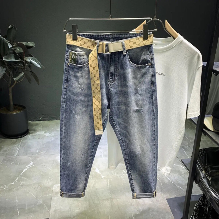 高档九分牛仔裤子男2021春夏季超薄新款刺...