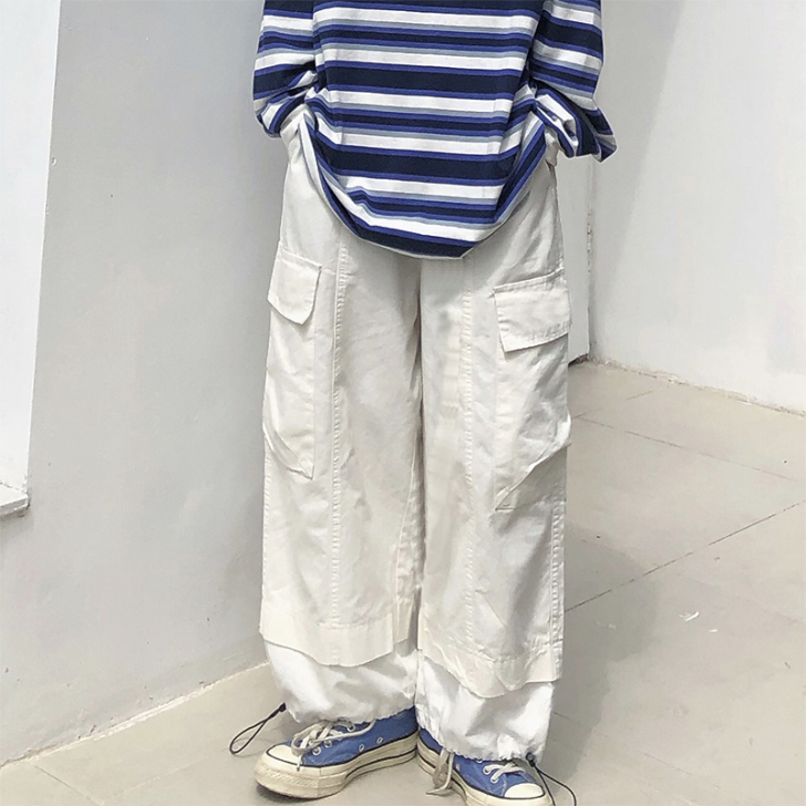 白色裤子女韩版ins高腰百搭工装束脚裤宽松...