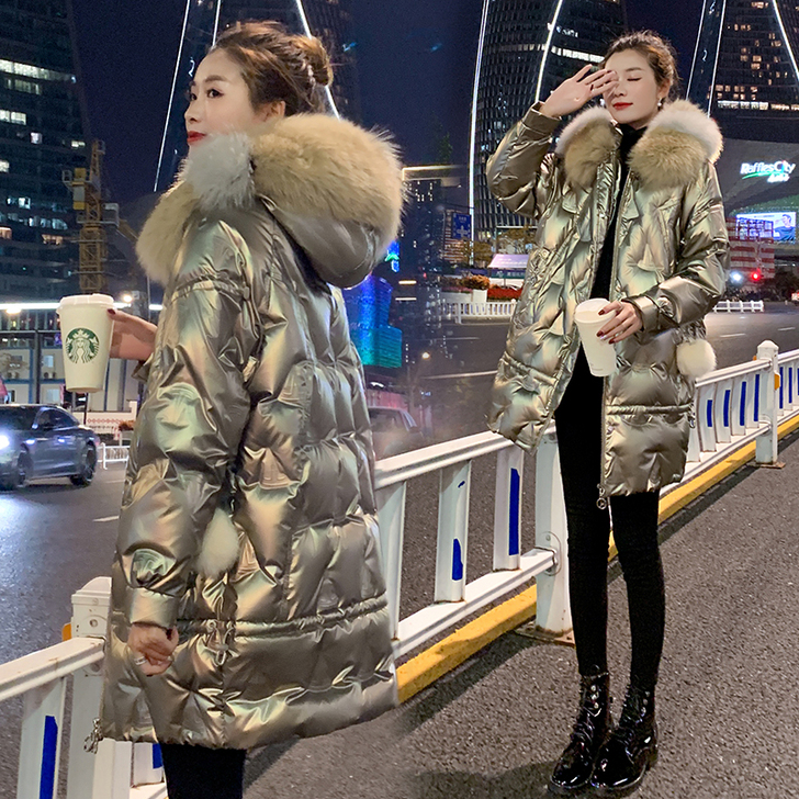 亮面羽绒服女2020新款韩版冬季大毛领中长...