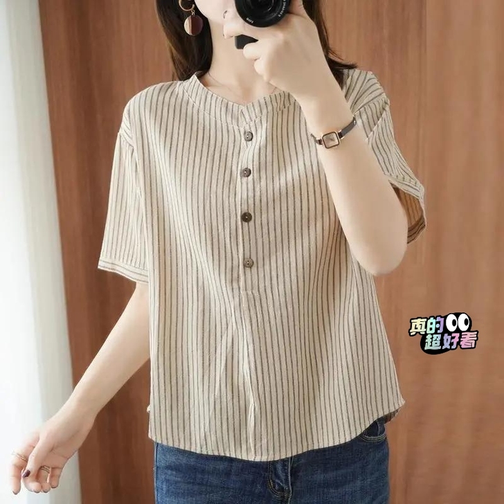夏季棉麻短袖衬衫女上衣服复古文艺宽松显瘦大...