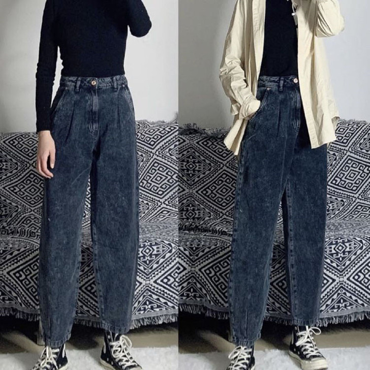 西班牙单ZA家打褶装饰高腰宽松老爹牛仔裤女...