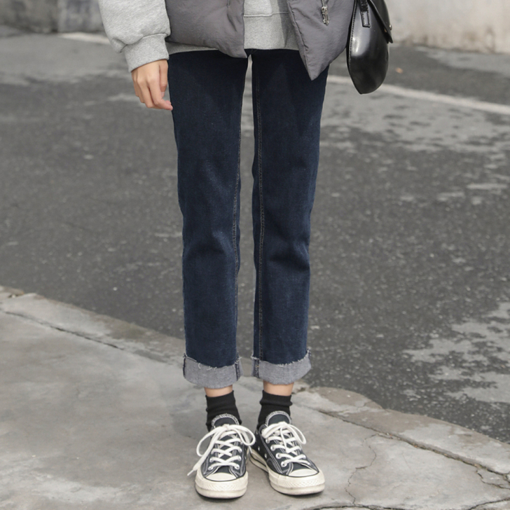 复刻回忆卷边牛仔裤女小个子显瘦高腰裤子直筒...