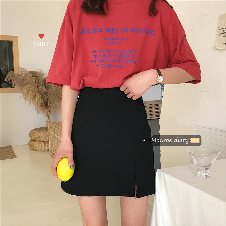 夏季韩版百搭高腰开叉A字裙后拉链纯色西装半...