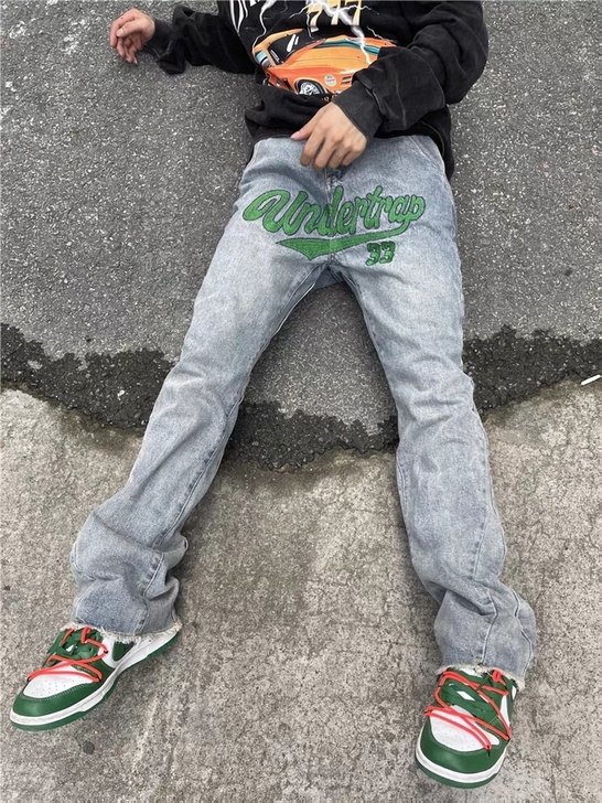 欧美高街重工艺刺绣字母水洗毛边拼接宽松微喇...