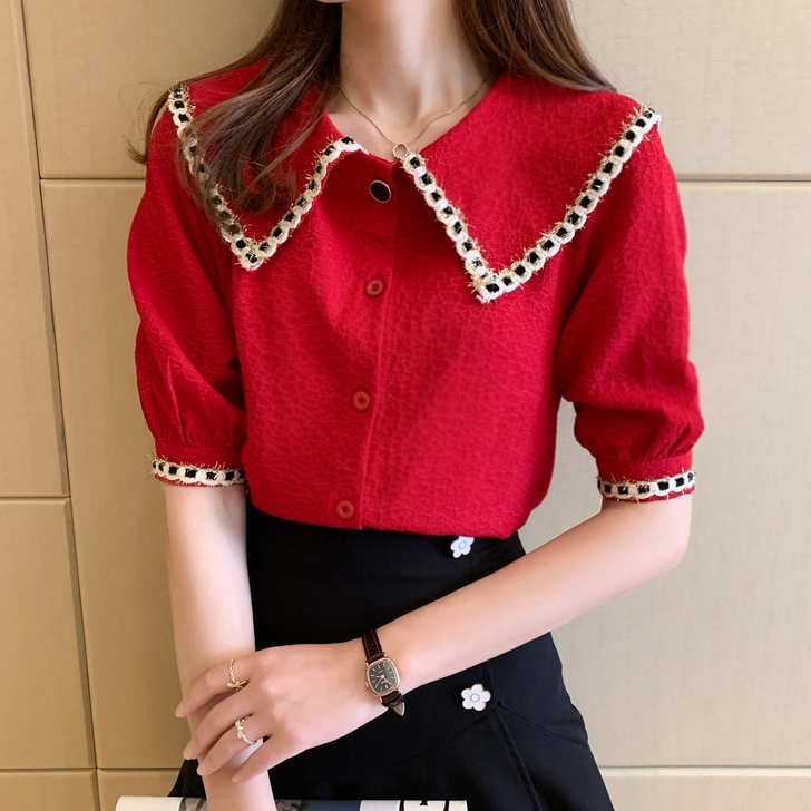 女装2021夏季新款娃娃领雪纺短袖衬衫上衣...