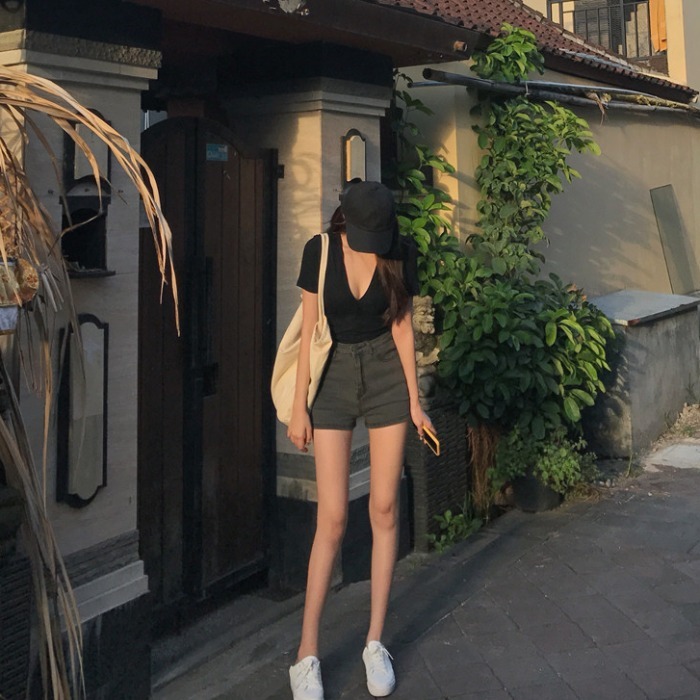 裤子女夏季高腰牛仔裤薄款紧身热裤修身直筒裤...