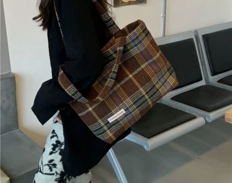 复古撞色格子包女2021秋冬新款小众高级感...