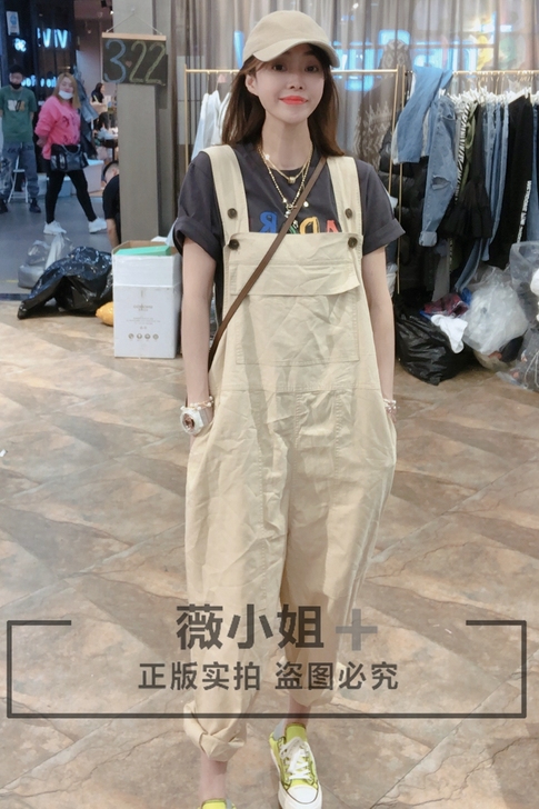 薇小姐韩国货净色工装背带裤女2021春季新...