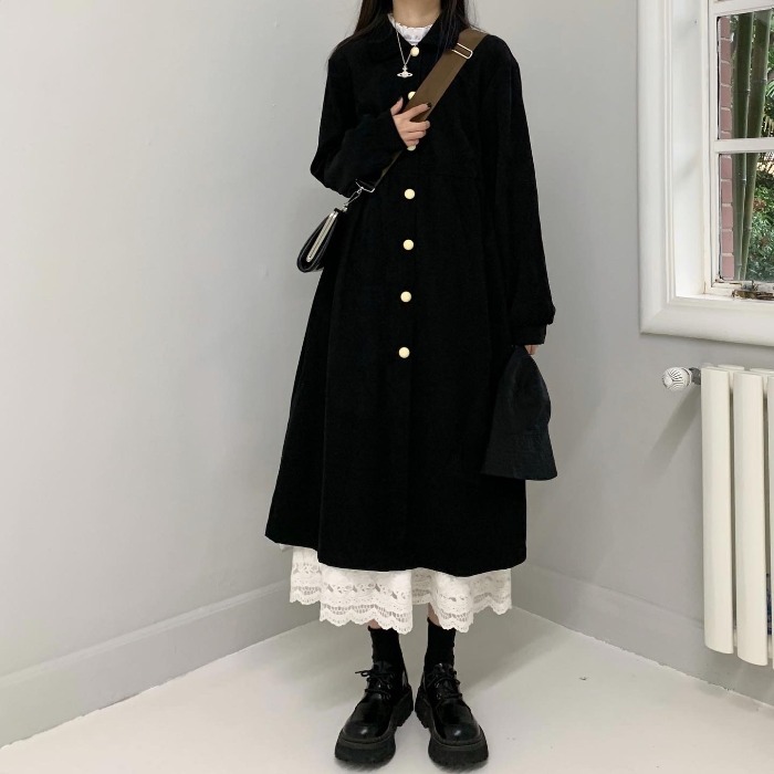 春秋季长裙2021年新款黑色灯芯绒中长款连...