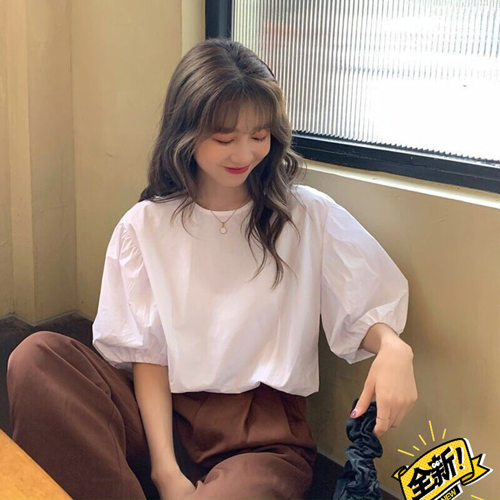 白色泡泡袖上衣女宽松法式气质短袖衬衫设计感...