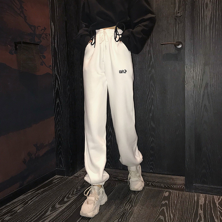 加绒运动裤子女春秋2020新款阔腿宽松束脚...