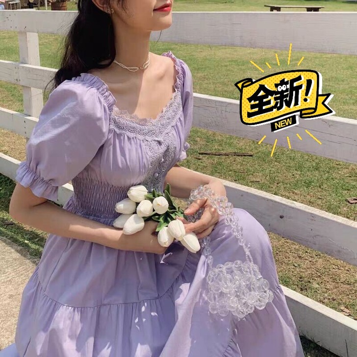 法式复古文艺风蕾丝花边连衣裙2021新款收...