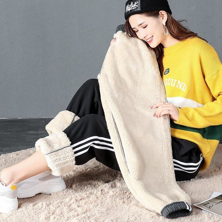 全新 冬季加绒加厚仿羊羔绒裤子女学生韩版百...