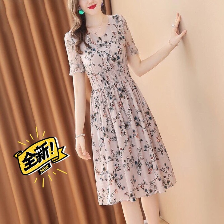 2021夏季新款大码雪纺连衣裙遮肚显瘦碎花...