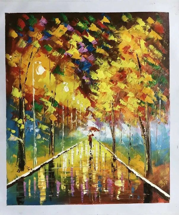 油画雨中晴手绘院校作品挂画客厅餐厅纯手绘作品