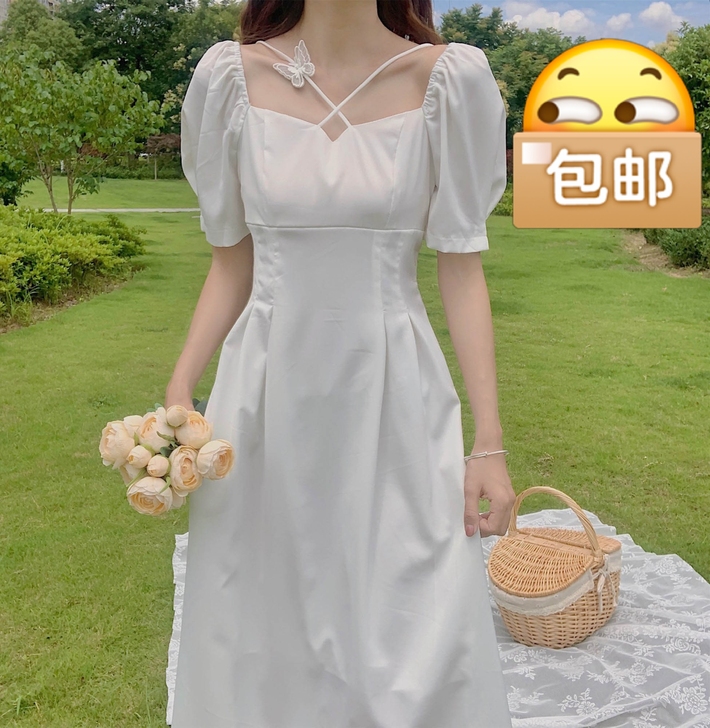 法式初恋白色裙子仙女超仙森系方领长裙温柔气...