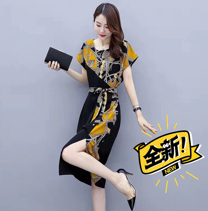 大码印花连衣裙女夏季新款宽松收腰显瘦气质名...