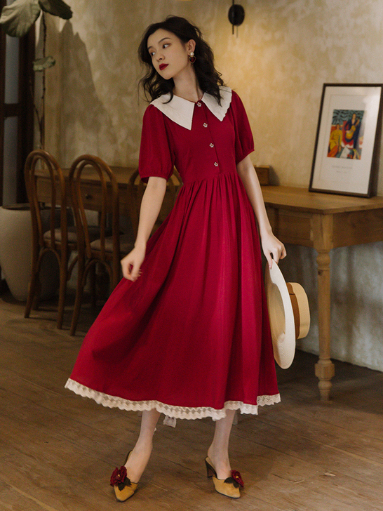 法式复古公主红色学院风连衣裙夏赫本小红裙森...