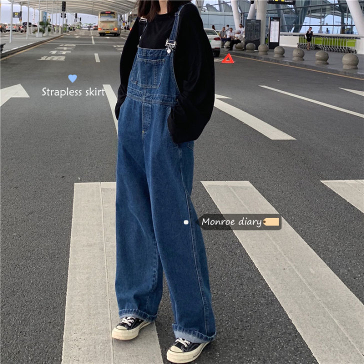 春秋韩版宽松盐系阔腿牛仔背带裤复古港味女夏...