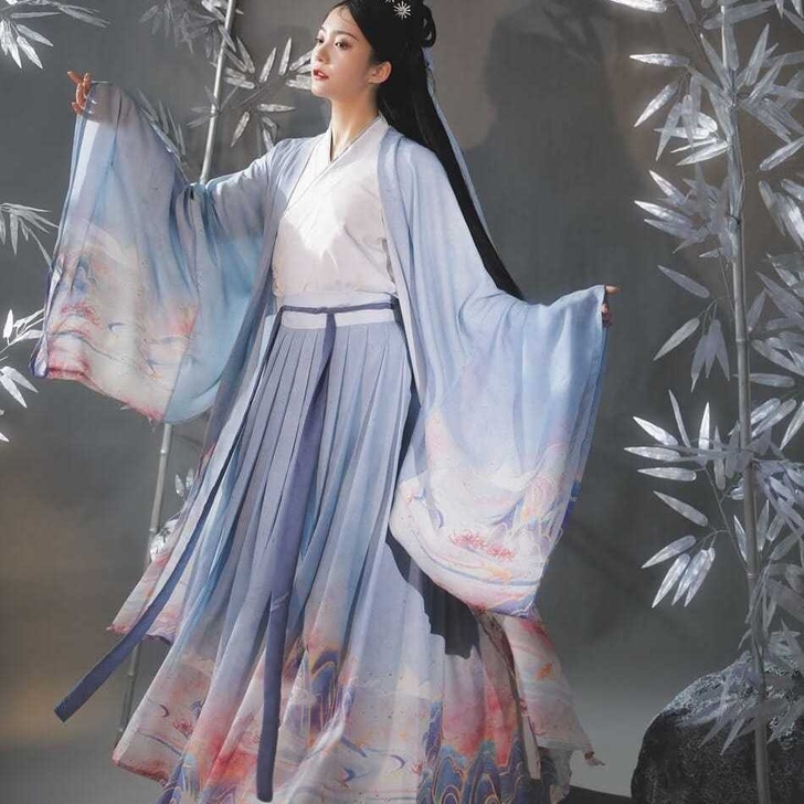 汉服女交领齐腰襦裙印花刺绣春夏款