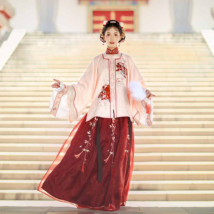 汉尚华莲红缨令汉服明制喜鹊刺绣原创女装秋冬...