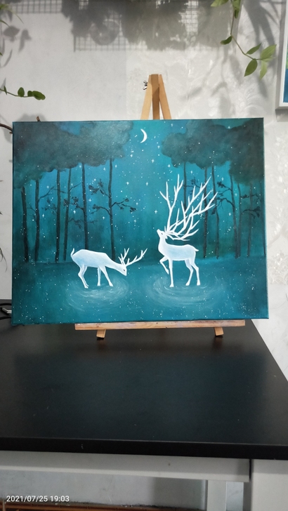 纯手绘油画作品《福鹿》代表福禄财运，带内框...