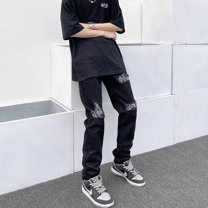 高街破洞贴布腰果花牛仔裤男美式潮牌复古百搭...