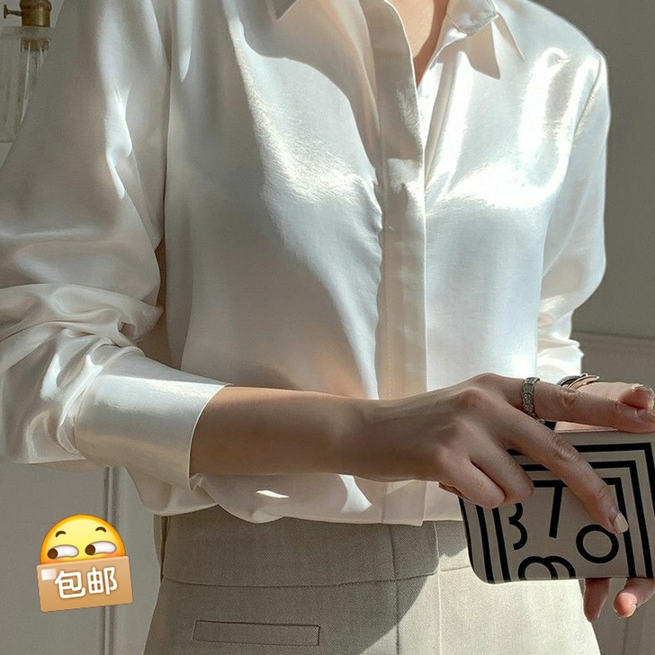 缎面白色衬衫女设计感小众2021年新款春秋...