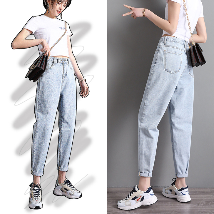 牛仔裤女宽松春装2021年新款浅色显瘦哈伦...