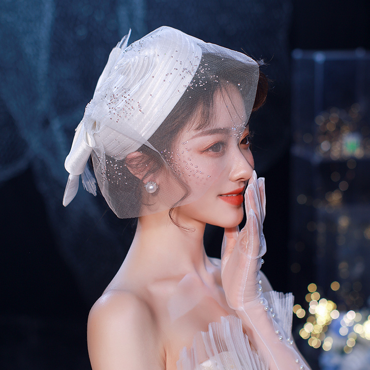 梦瑶新娘新款白色缎面蝴蝶结网纱复古礼帽结婚...