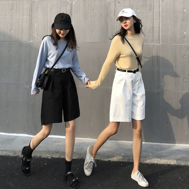 工装白色五分短裤女夏宽松直筒港味bf风西装...