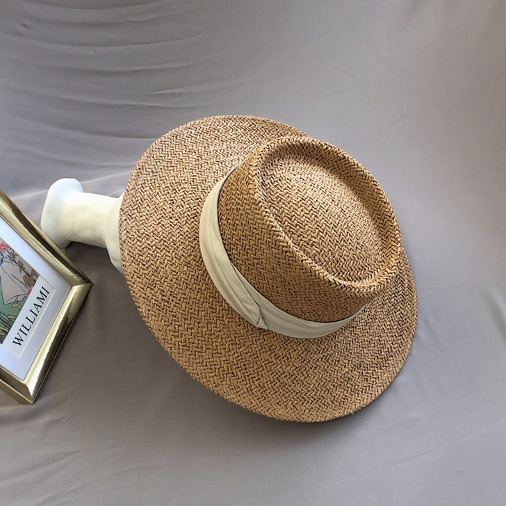 网红帽子女夏海边平顶草帽沙滩法式度假遮阳防...