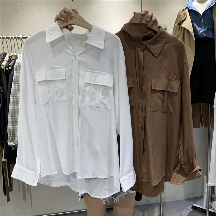双口袋衬衫2020秋季韩版chic简约休闲...